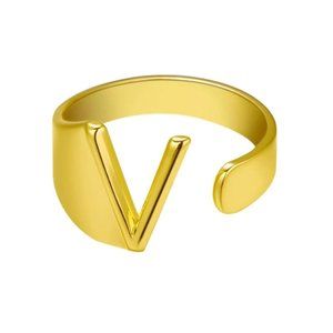 Chunky Wide Hollow V Letter Initial Gold Ring